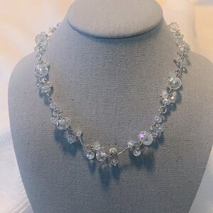 Clear Crystal Choker Rondelle Beaded Silver Tone Necklace